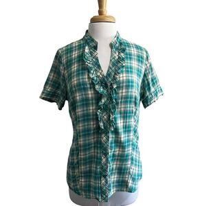 St John Bay Button-up Shirt Women's L Aqua Green Stretch Plaid Ruffled V-Neck